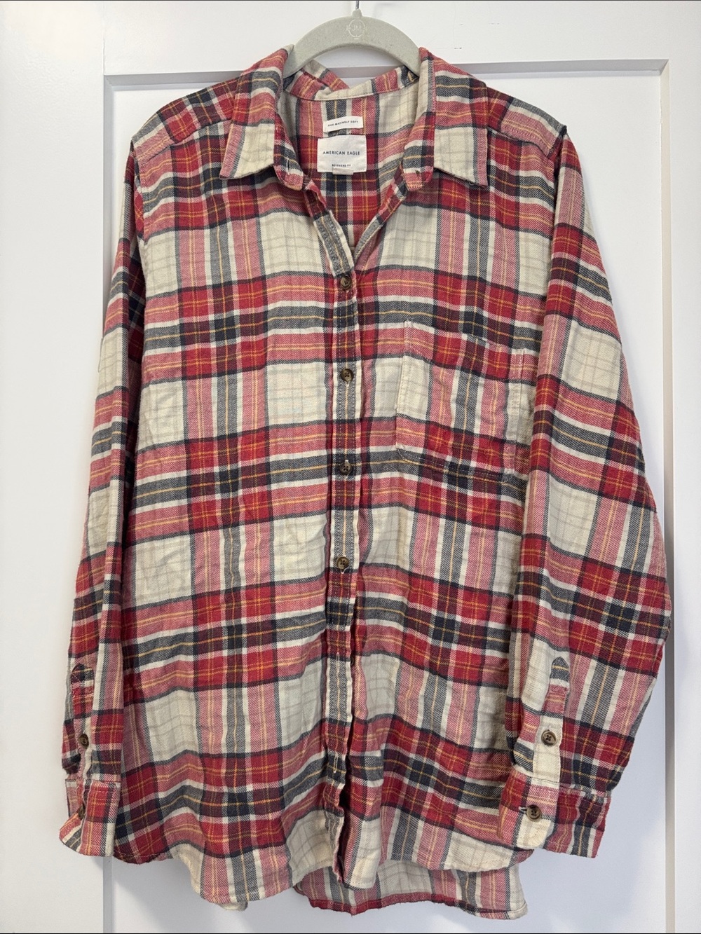 American Eagle Outfitters Red and Cream Plaid Button-Down Shirt